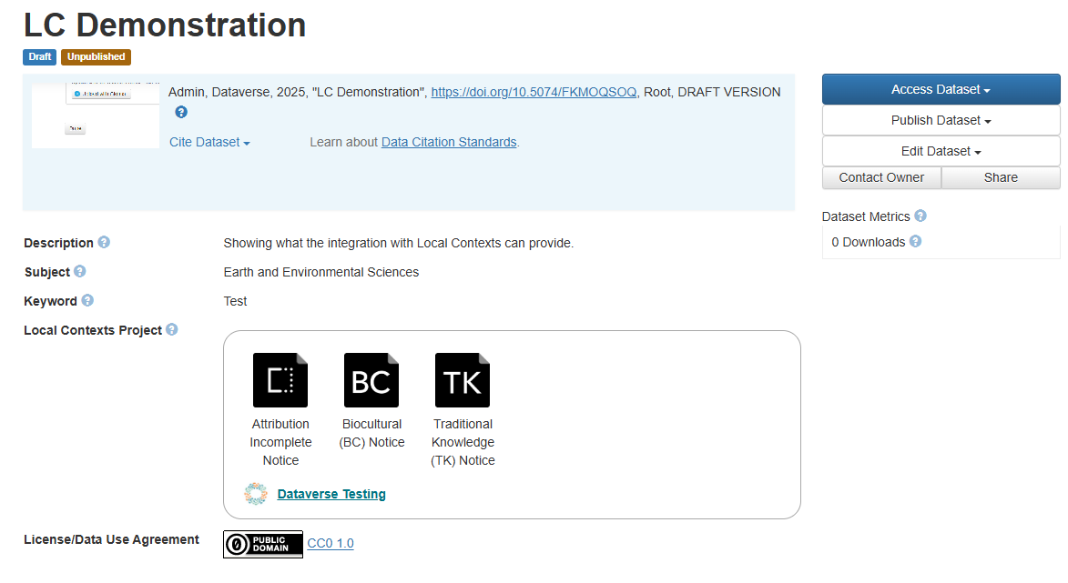 Dataset Page showing Local Contexts integration with Dataverse Software